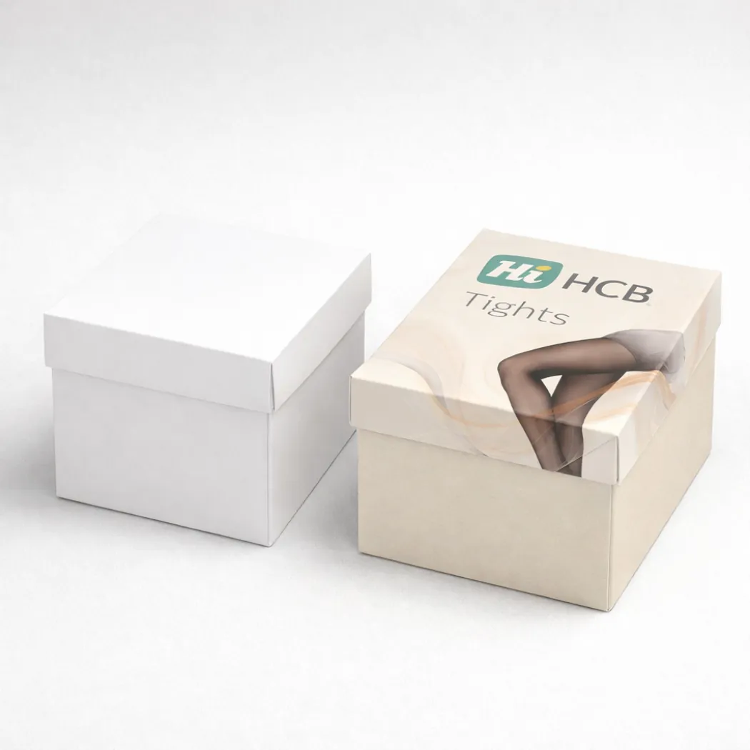 Two square lidded gift boxes for hosiery- one in plain white and one with branding- class=